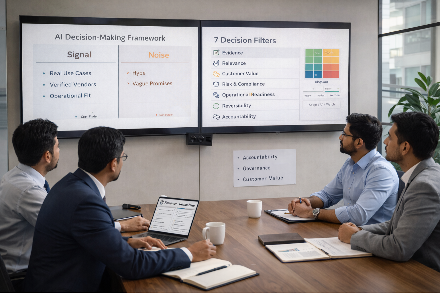 AI decision-making framework for leaders in a calm executive war-room evaluating AI signals vs noise