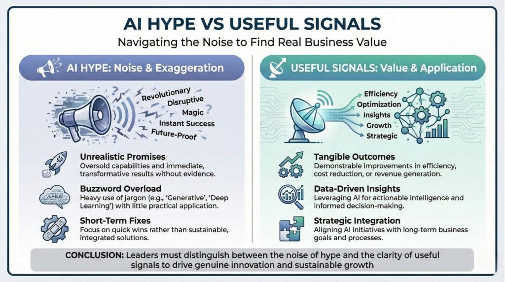ai hype vs signal diagram 1024x572 - AI Signals for Leaders: Improve Decision Quality Without Panic