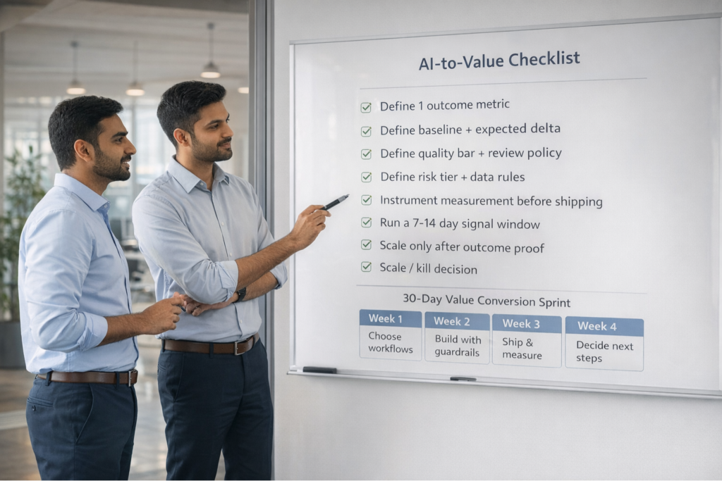 ai to value checklist operating model 1024x683 - AI Tool Speed vs Product Outcomes: Why Fast AI Teams Still Fail&mdash;and 9 Moves Leaders Use to Win