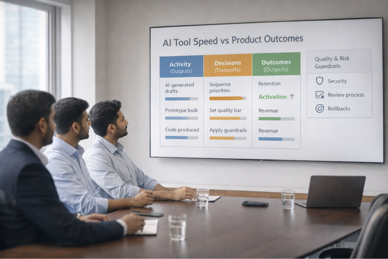 AI tool speed vs product outcomes dashboard showing activity decisions and customer value