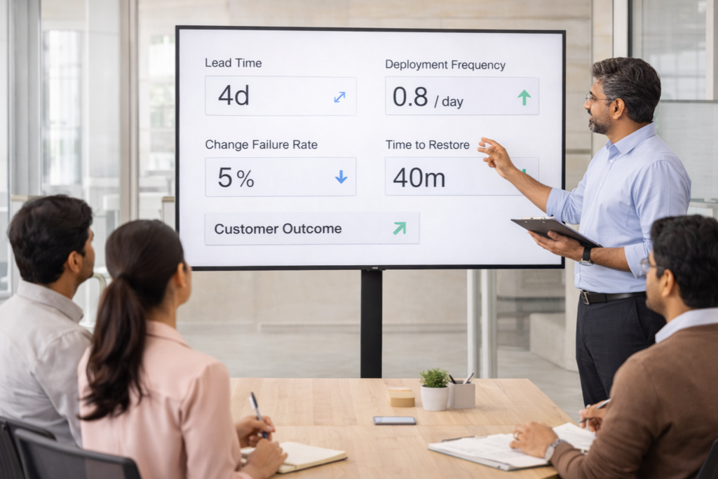 AI Accelerates Execution — 9 Discipline Rules That Decide Outcomes outcome focused delivery ai dora metrics 1024x683 - AI Accelerates Execution — 9 Discipline Rules That Decide Outcomes