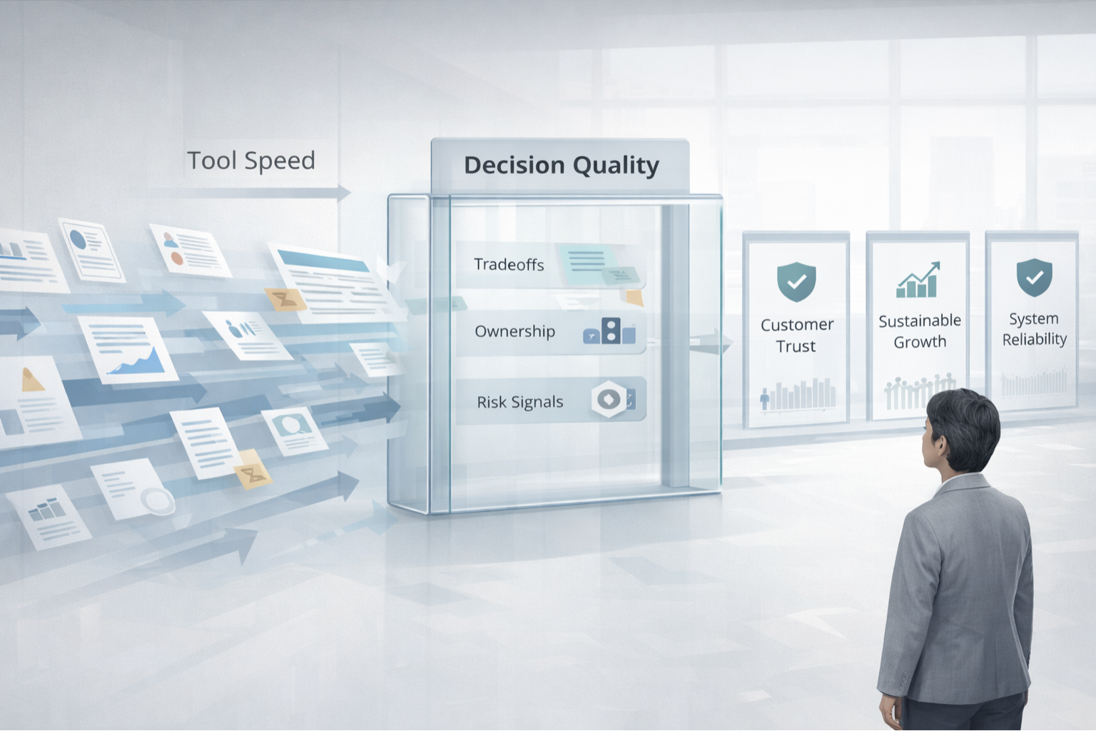 Tool speed vs decision quality explained with decision gate between AI speed and stable outcomes